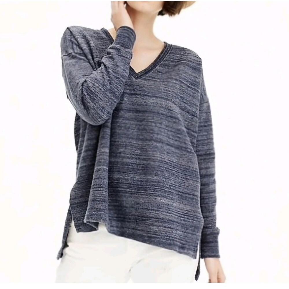J.Crew V Neck Women Sweatshirt Blue Marl Heathered Cotton Tunic Split Hem Medium